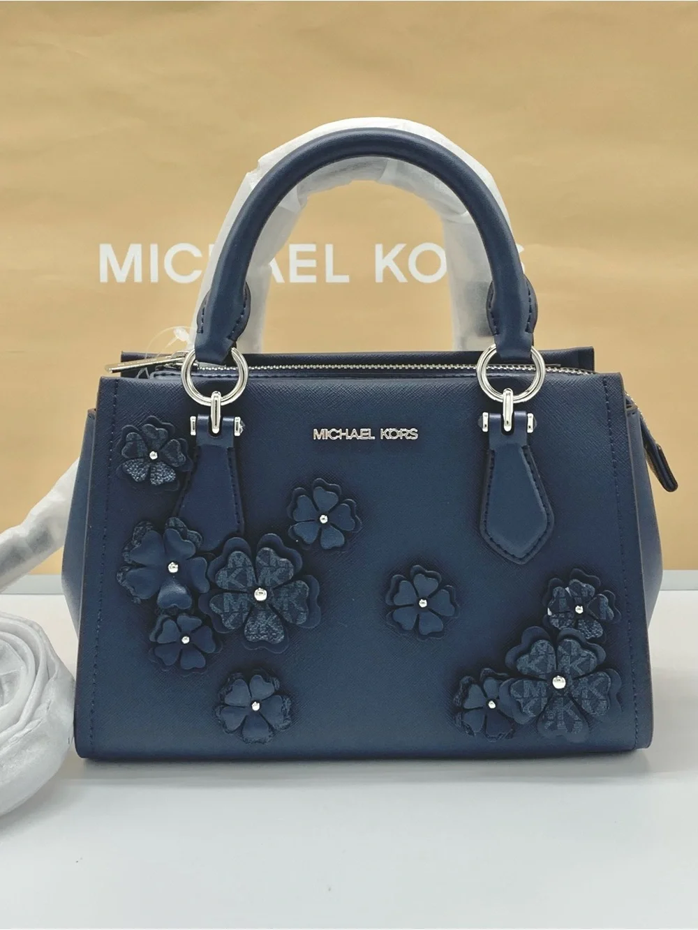 Michael Kors Marilyn Navy Floral Applique Satchel - Picture 4 of 15